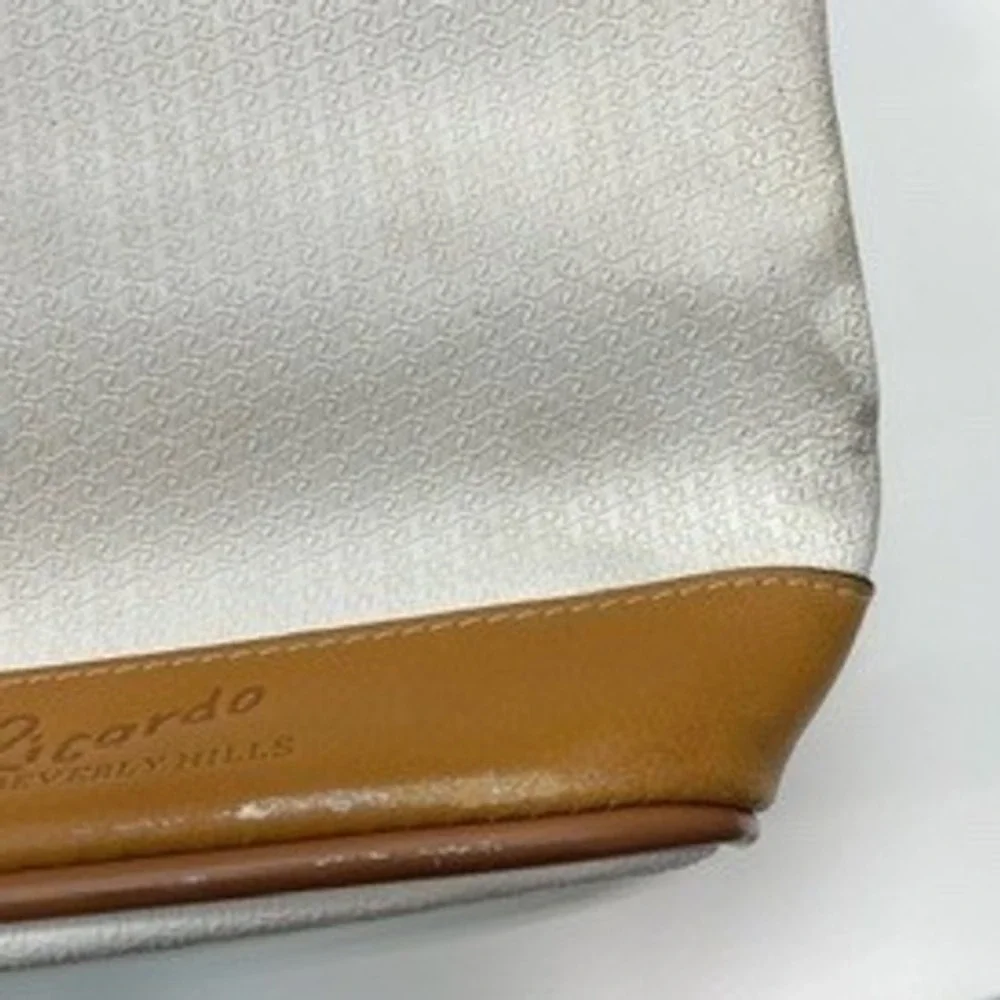 Ricardo Beverly Hills Vintage Tote Bag White Tan‎ Leather Trim Large Travel Zip